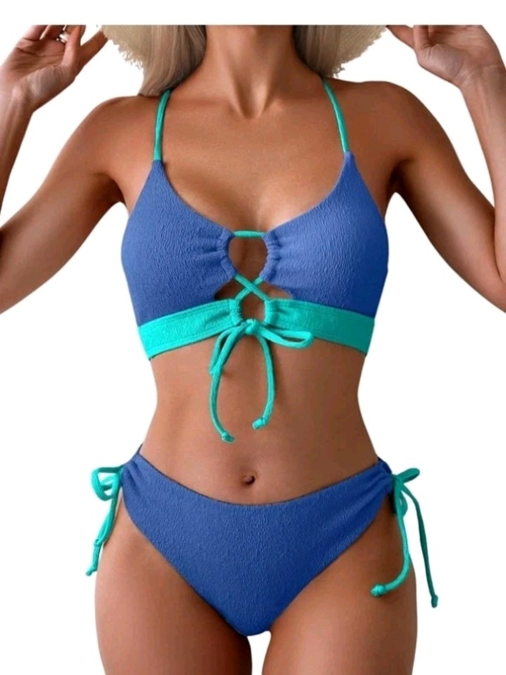 Blue and Teal Tie-Front Bikini Top and Bottom - Women Swim